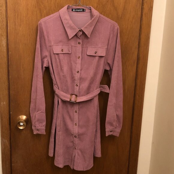 Allegra K - Pink - Corduroy - long sleeve - shirt dress - Size S - belt included - Picture 2 of 9